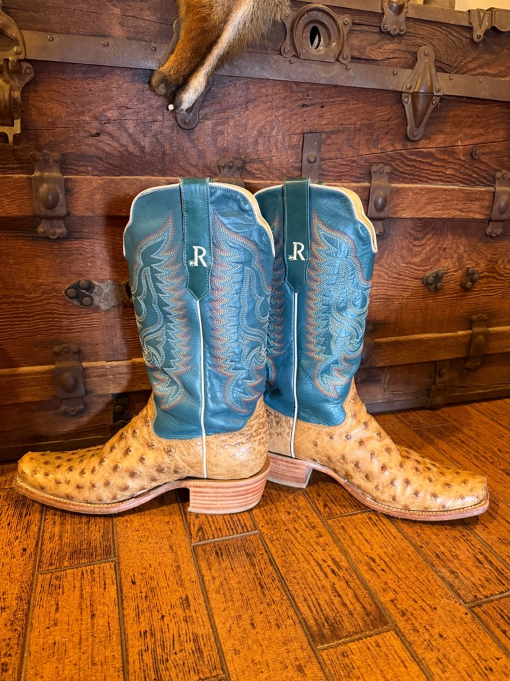 R. Watson Men's Tan Ostrich Leather Cowboy Boots with Teal Shaft - Picture 4 of 11